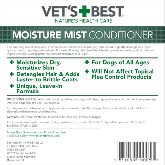 Moisture Mist Conditioner for dogs label